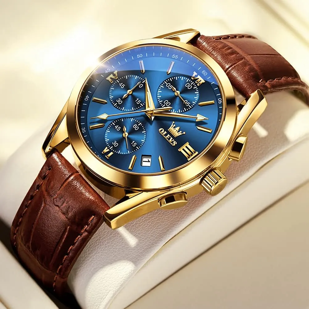 OLEVS Watch for Men Chronograph Brown Leather Gold Case Analog Quartz Fashion Business Dress Large Face Men Watch Day Date Luminous Waterproof Casual Male Wrist Watch Black/Blue/White Dial