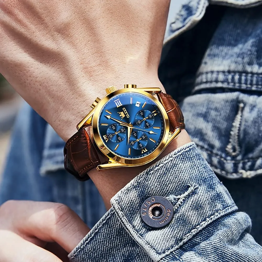 OLEVS Watch for Men Chronograph Brown Leather Gold Case Analog Quartz Fashion Business Dress Large Face Men Watch Day Date Luminous Waterproof Casual Male Wrist Watch Black/Blue/White Dial