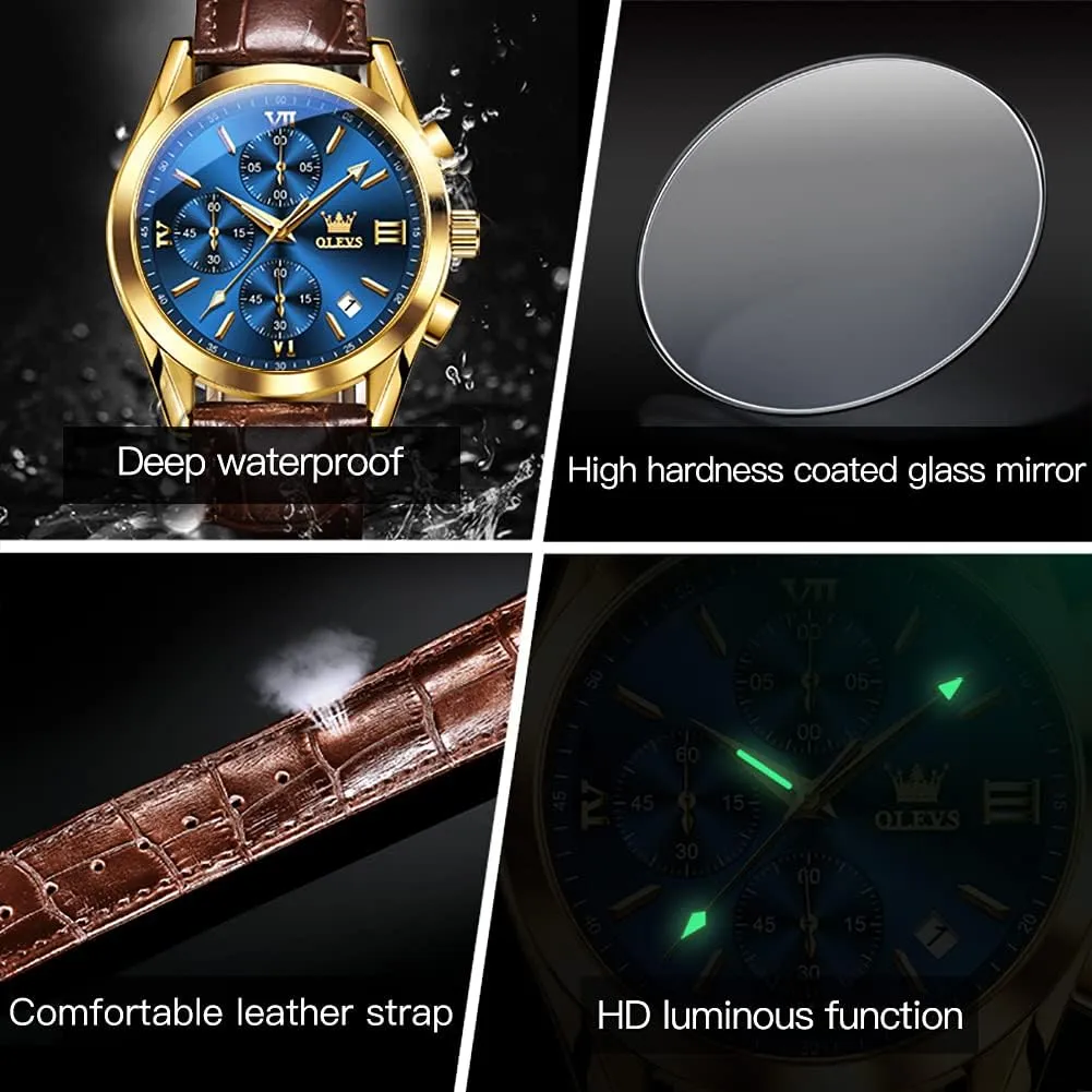 OLEVS Watch for Men Chronograph Brown Leather Gold Case Analog Quartz Fashion Business Dress Large Face Men Watch Day Date Luminous Waterproof Casual Male Wrist Watch Black/Blue/White Dial