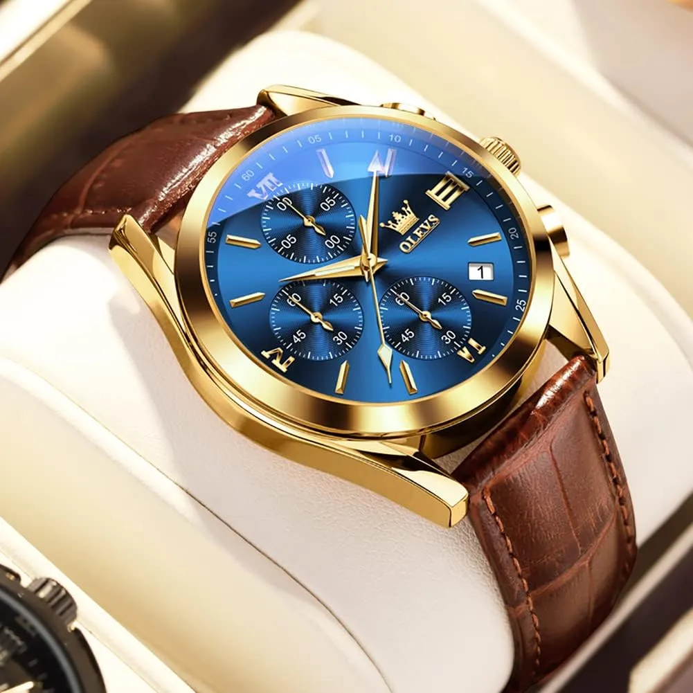 OLEVS Watch for Men Chronograph Brown Leather Gold Case Analog Quartz Fashion Business Dress Large Face Men Watch Day Date Luminous Waterproof Casual Male Wrist Watch Black/Blue/White Dial