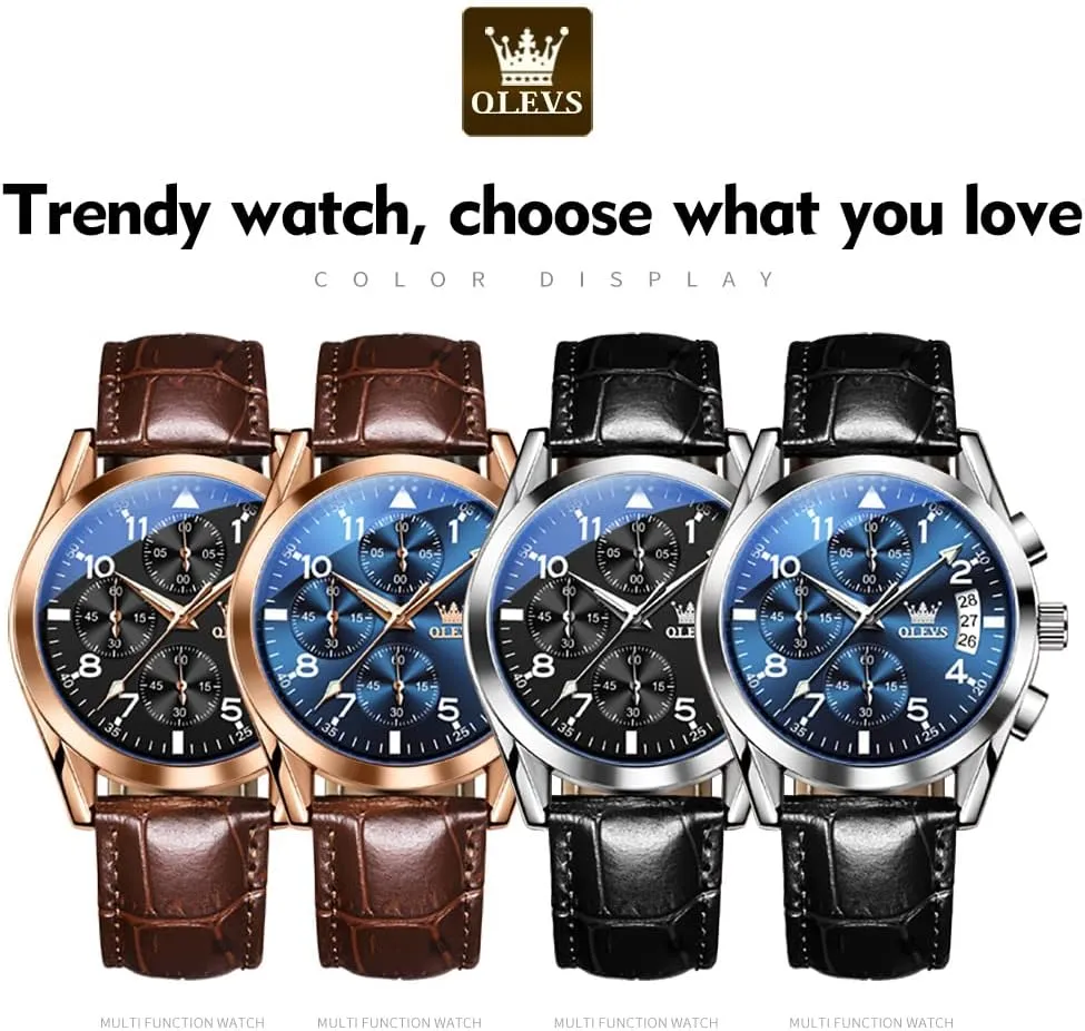 OLEVS Watches for Men Brown Leather Gold Case Analog Quartz Fashion Business Dress Watch Day Date Luminous Waterproof Casual Male Wrist Watches