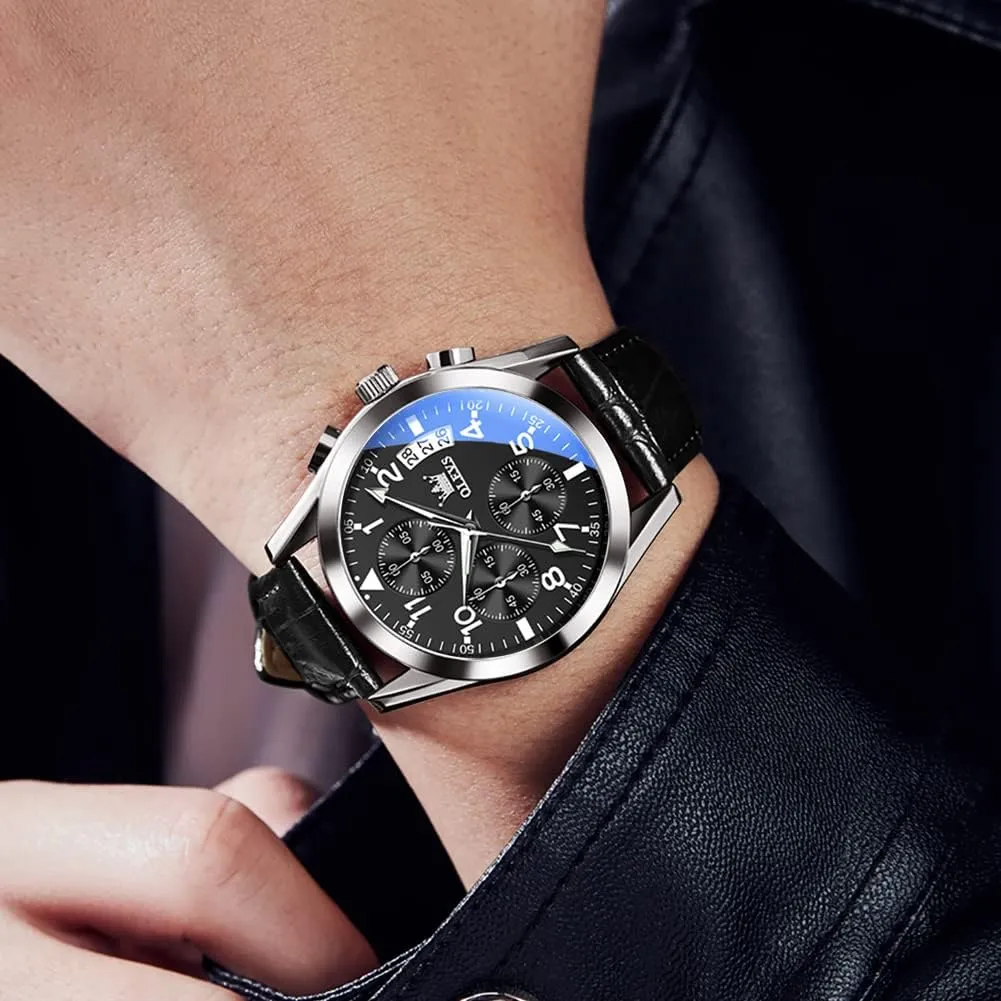 OLEVS Watches for Men Brown Leather Gold Case Analog Quartz Fashion Business Dress Watch Day Date Luminous Waterproof Casual Male Wrist Watches
