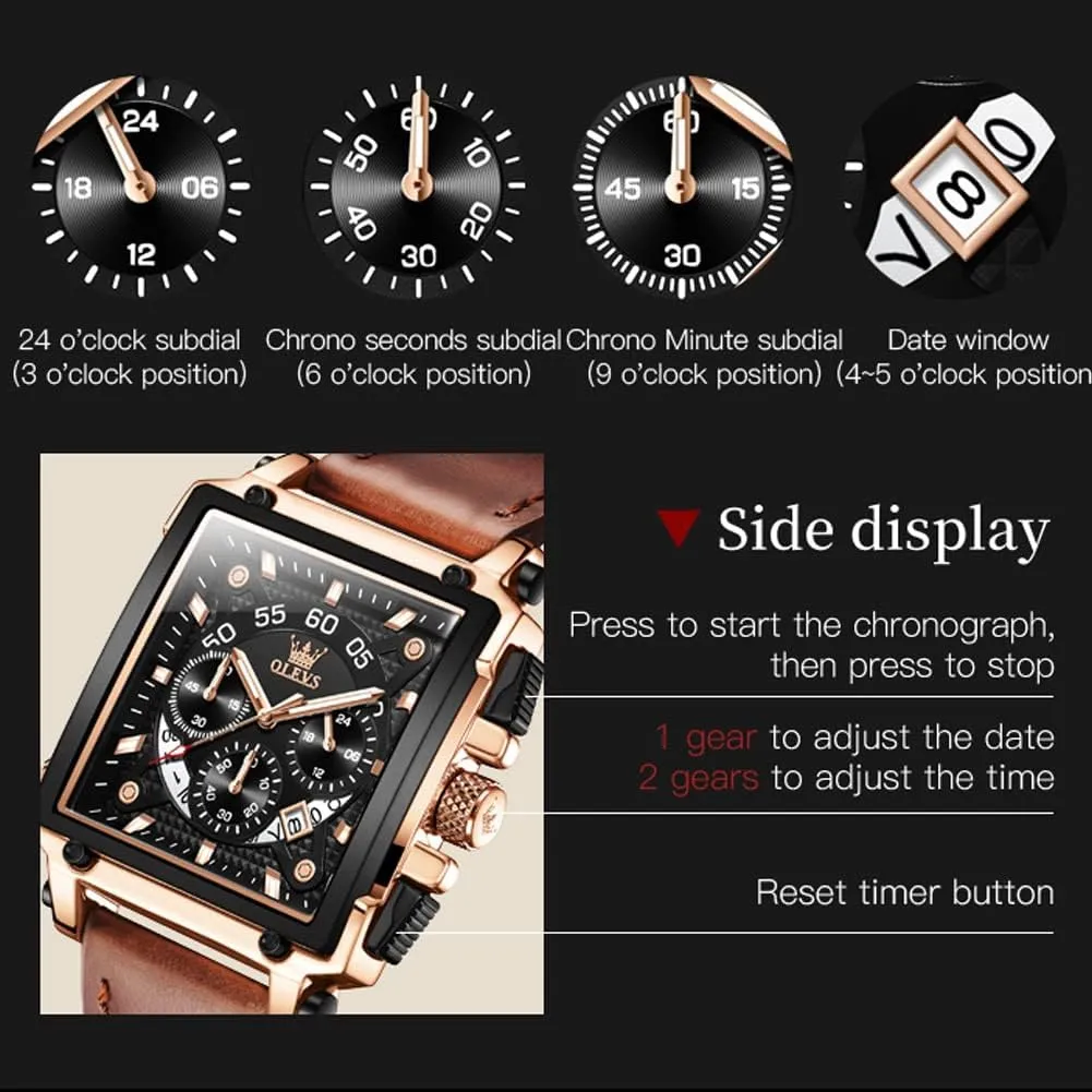 OLEVS Watches for Men Quartz Chronograph Leather Fashion Dress Watch Date Waterproof Luminous Casual Square Business Wrist Watches …