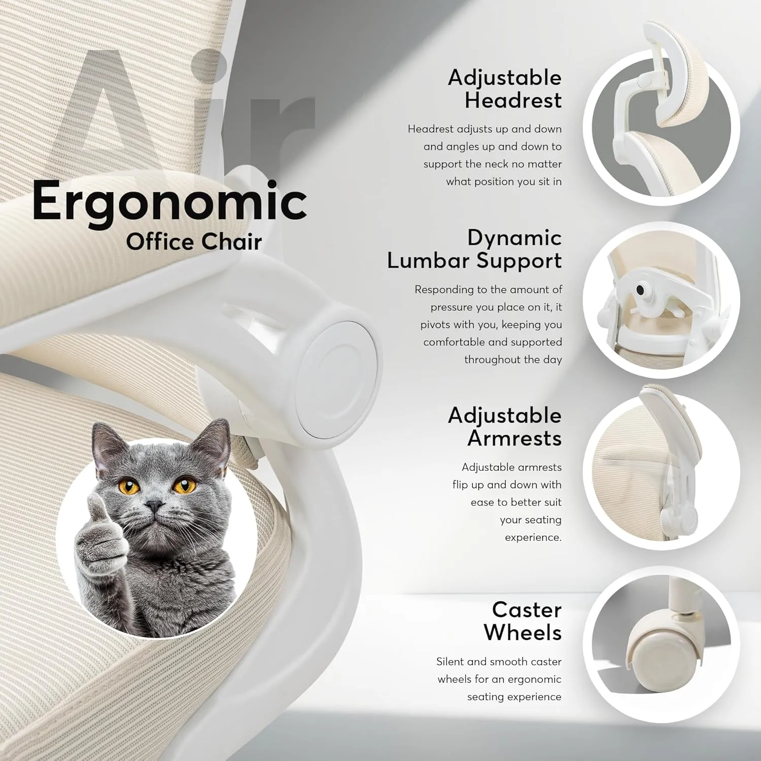 Oline ErgoAir Ergonomic Office Chair – Adjustable Lumbar Support, Flip-Up Armrests, Mesh Computer Desk Chair, Swivel Rolling Executive Gaming Chair for Home & Office (Beige)