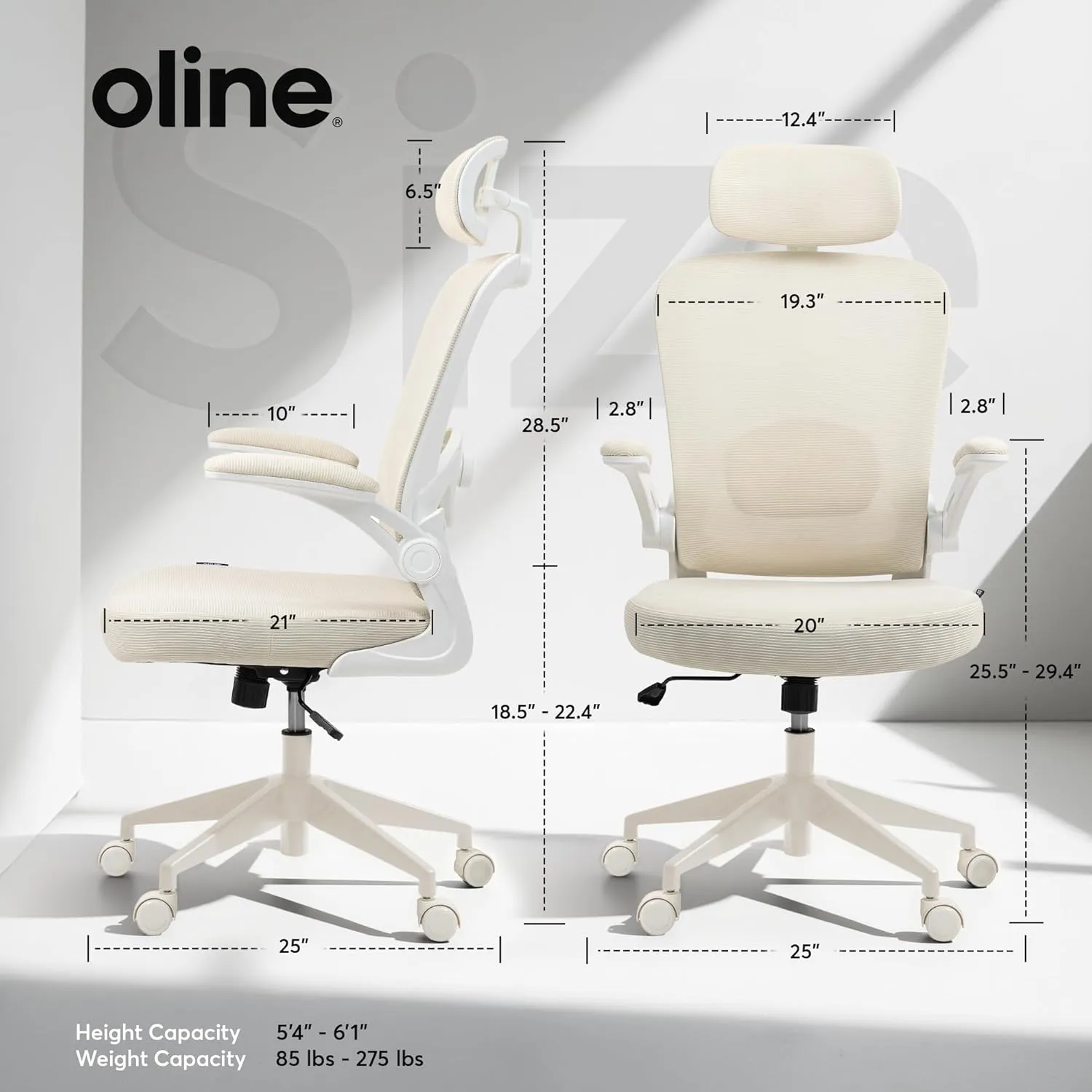 Oline ErgoAir Ergonomic Office Chair – Adjustable Lumbar Support, Flip-Up Armrests, Mesh Computer Desk Chair, Swivel Rolling Executive Gaming Chair for Home & Office (Beige)