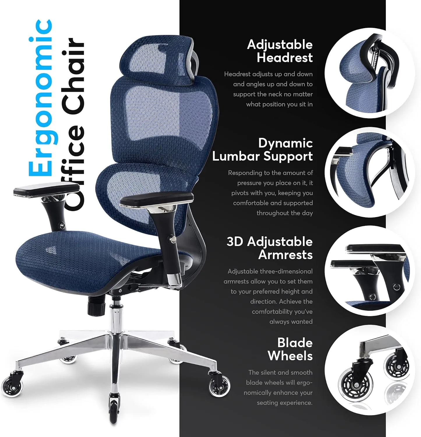 Oline ErgoPro Ergonomic Office Chair - Rolling Desk Chair with 4D Adjustable Armrest, 3D Lumbar Support and Blade Wheels - Mesh Computer Chair, Gaming Chairs, Executive Swivel Chair (Navy Blue)