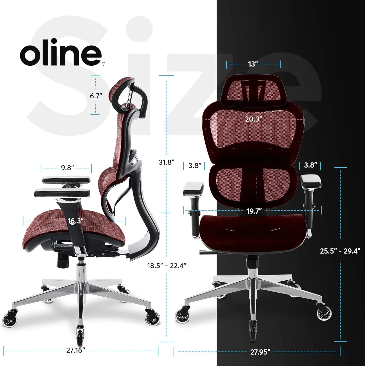 Oline ErgoPro Ergonomic Office Chair with 4D Adjustable Armrest, 3D Lumbar Support and Blade Wheels - Mesh Computer Gaming Rolling Desk Executive Swivel Home Chair (Burgundy Red)