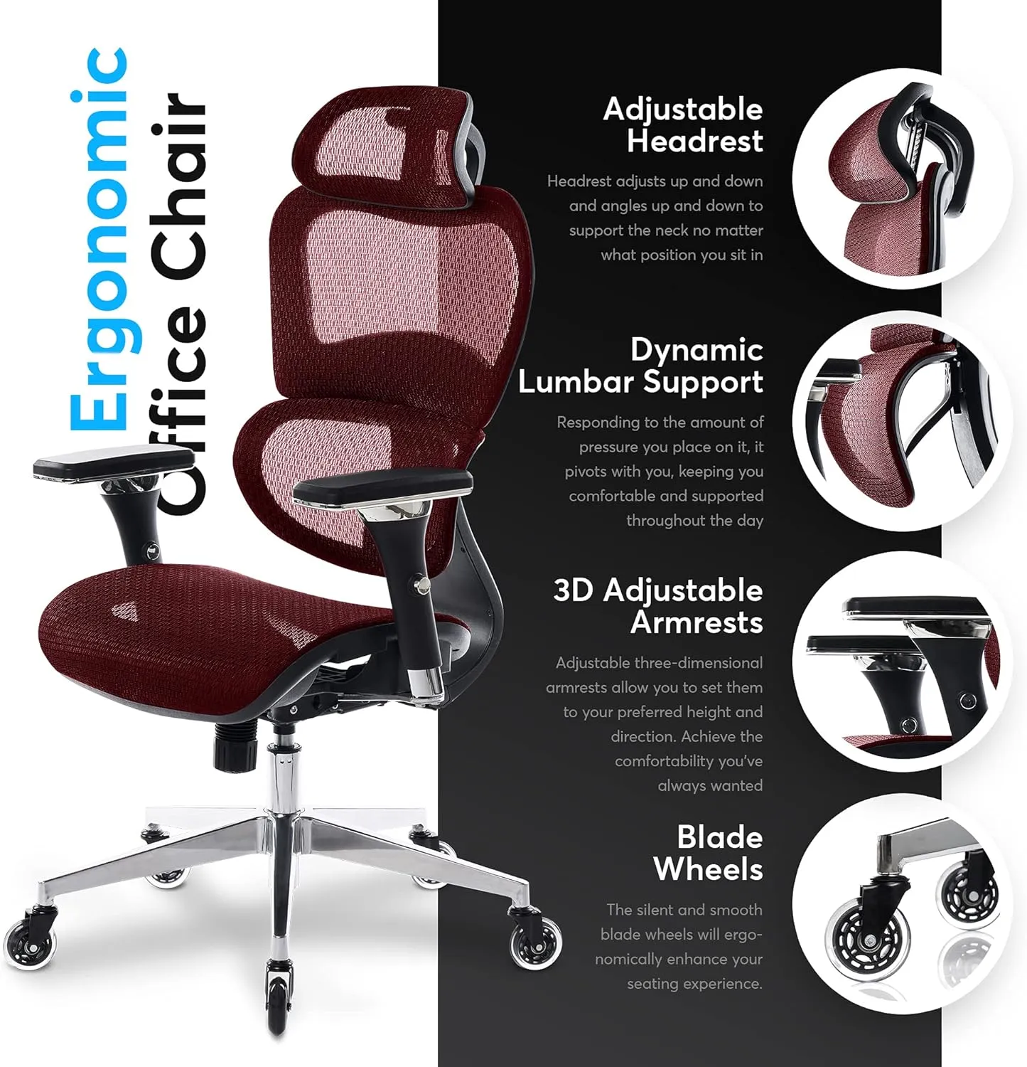 Oline ErgoPro Ergonomic Office Chair with 4D Adjustable Armrest, 3D Lumbar Support and Blade Wheels - Mesh Computer Gaming Rolling Desk Executive Swivel Home Chair (Burgundy Red)