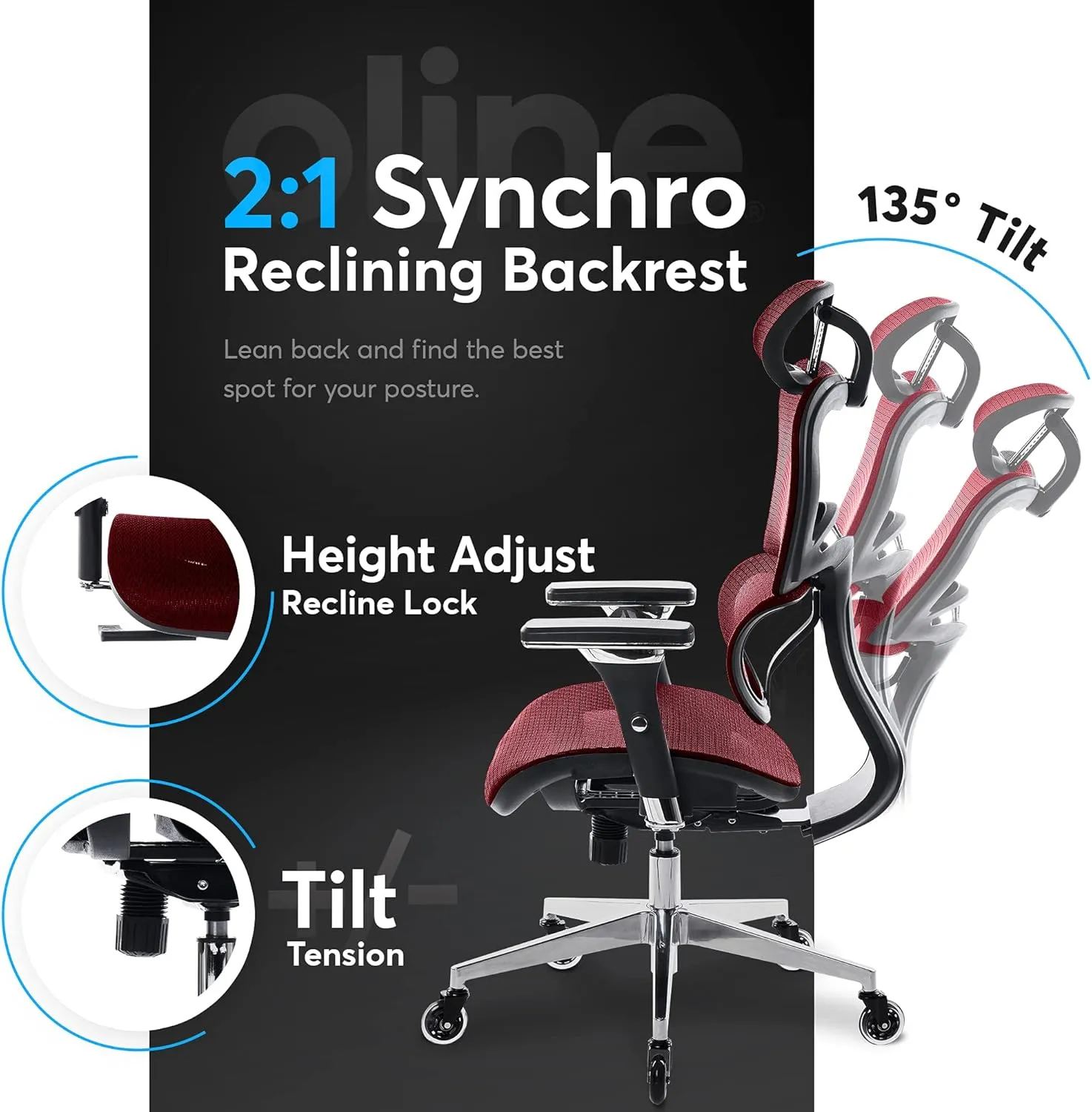 Oline ErgoPro Ergonomic Office Chair with 4D Adjustable Armrest, 3D Lumbar Support and Blade Wheels - Mesh Computer Gaming Rolling Desk Executive Swivel Home Chair (Burgundy Red)