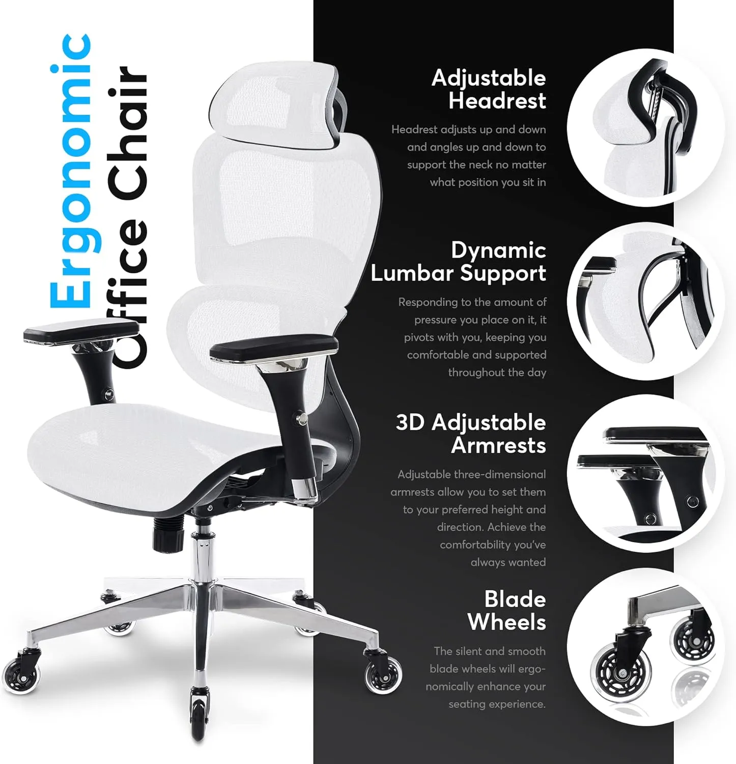 Oline ErgoPro Ergonomic Office Chair with 4D Adjustable Armrest, 3D Lumbar Support and Blade Wheels - Mesh Computer Gaming Rolling Desk Executive Swivel Home Chair (White)