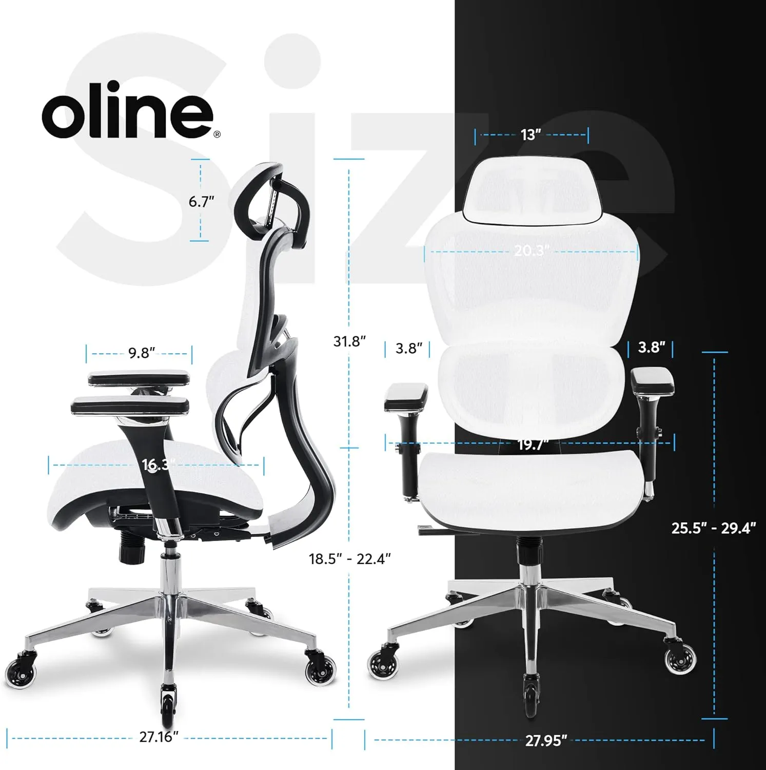 Oline ErgoPro Ergonomic Office Chair with 4D Adjustable Armrest, 3D Lumbar Support and Blade Wheels - Mesh Computer Gaming Rolling Desk Executive Swivel Home Chair (White)