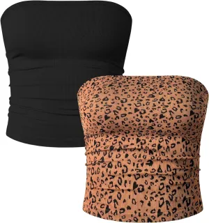 OQQ Womens 2 Piece Tube Tops Strapless Basic Sleeveless Stretch Classic-Fit Shirts Sexy Crop Tops