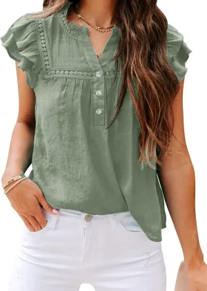 Orchidays Women's V Neck Lace Crochet Shirts Short Sleeve Button Down Casual Solid Blouse Tops