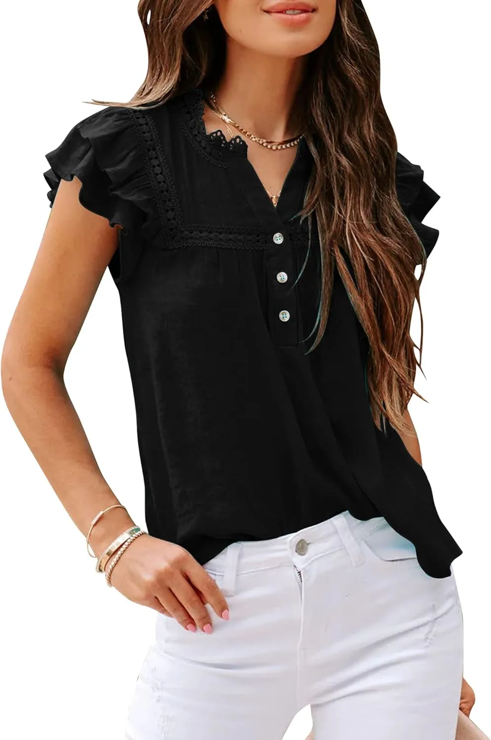 Orchidays Women's V Neck Lace Crochet Shirts Short Sleeve Button Down Casual Solid Blouse Tops