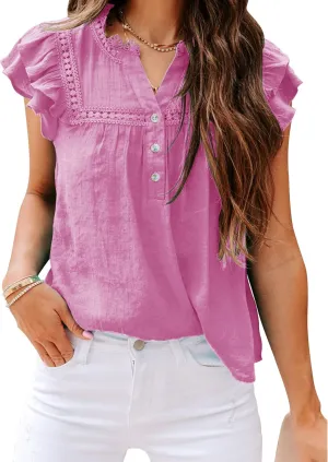 Orchidays Women's V Neck Lace Crochet Shirts Short Sleeve Button Down Casual Solid Blouse Tops