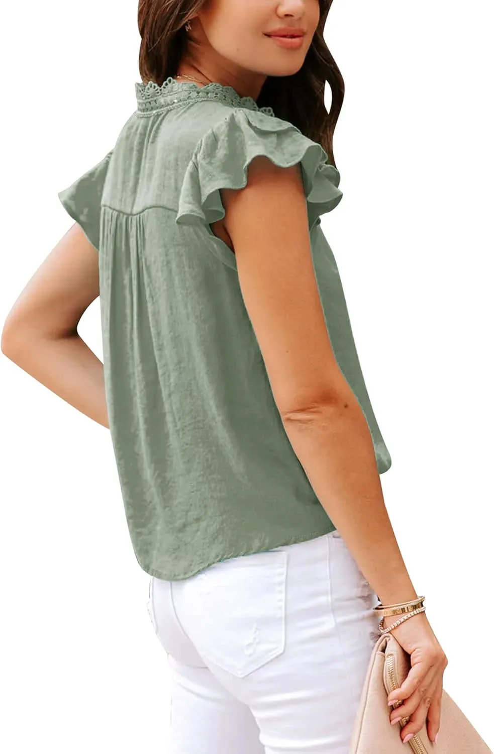 Orchidays Women's V Neck Lace Crochet Shirts Short Sleeve Button Down Casual Solid Blouse Tops