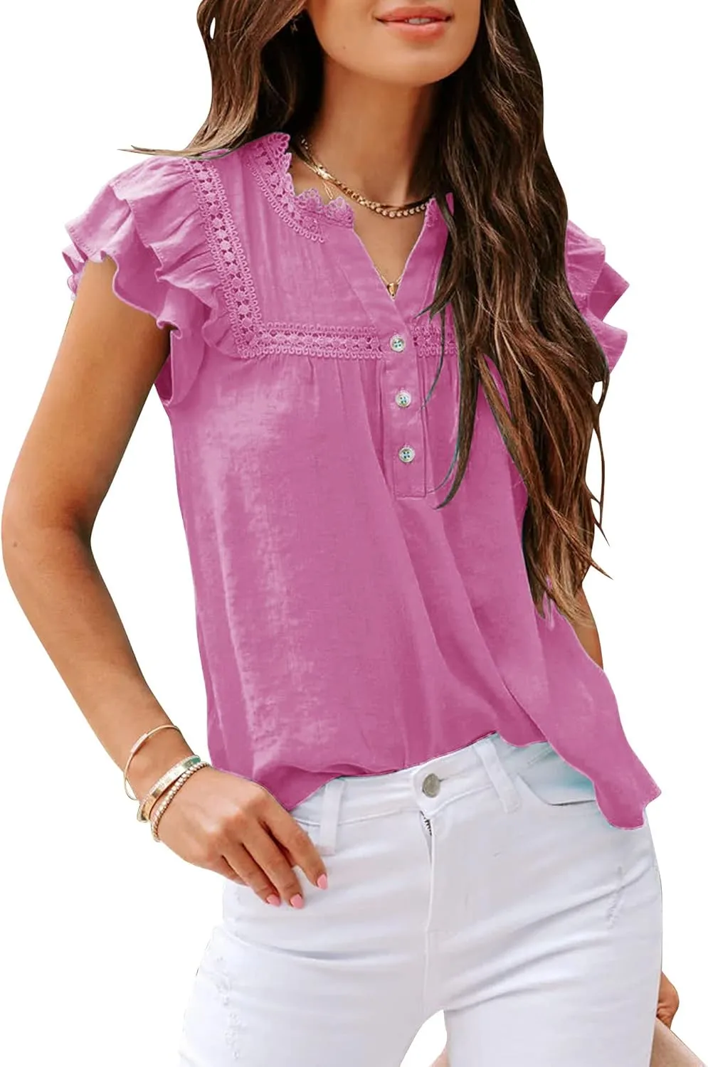 Orchidays Women's V Neck Lace Crochet Shirts Short Sleeve Button Down Casual Solid Blouse Tops