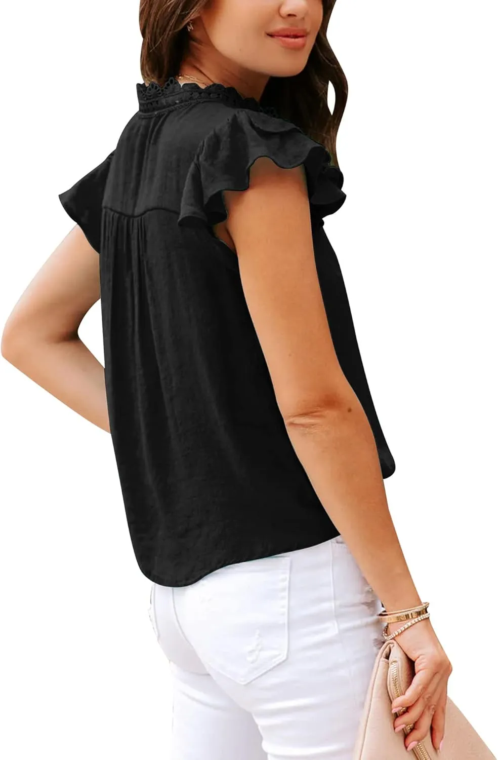 Orchidays Women's V Neck Lace Crochet Shirts Short Sleeve Button Down Casual Solid Blouse Tops