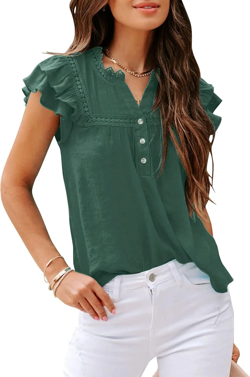 Orchidays Women's V Neck Lace Crochet Shirts Short Sleeve Button Down Casual Solid Blouse Tops