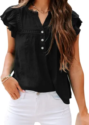 Orchidays Women's V Neck Lace Crochet Shirts Short Sleeve Button Down Casual Solid Blouse Tops