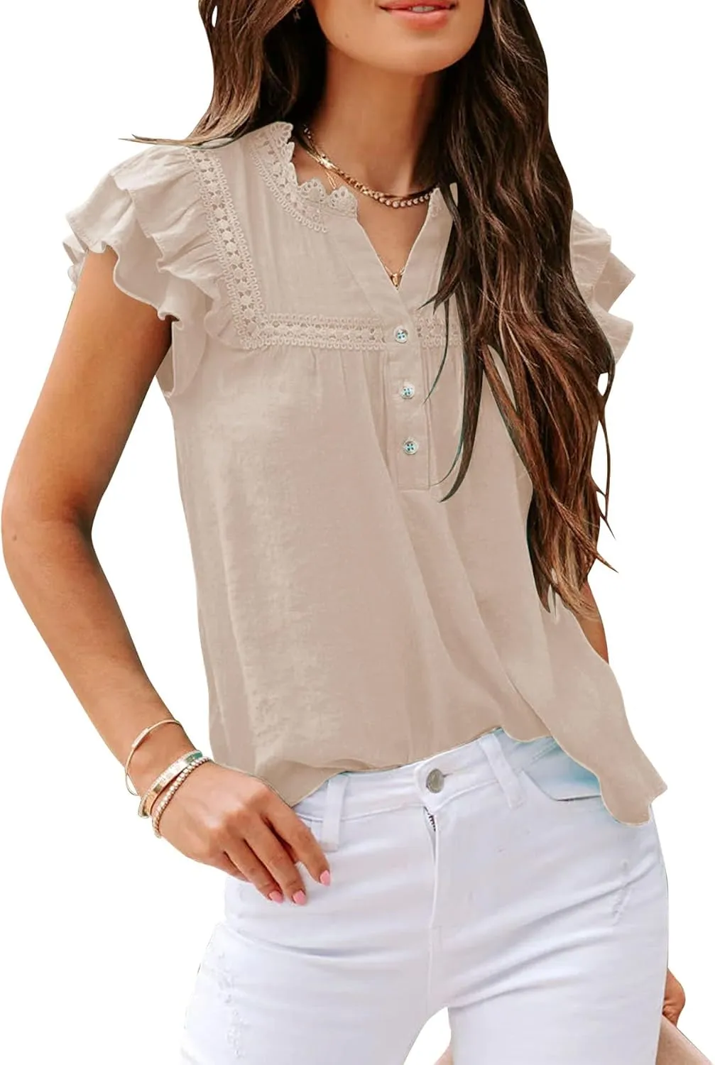 Orchidays Women's V Neck Lace Crochet Shirts Short Sleeve Button Down Casual Solid Blouse Tops