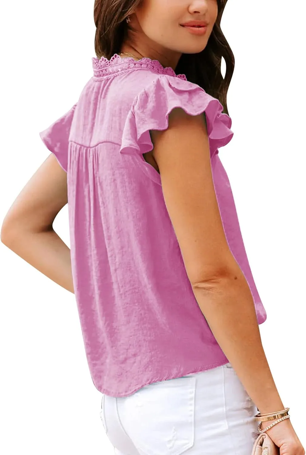 Orchidays Women's V Neck Lace Crochet Shirts Short Sleeve Button Down Casual Solid Blouse Tops