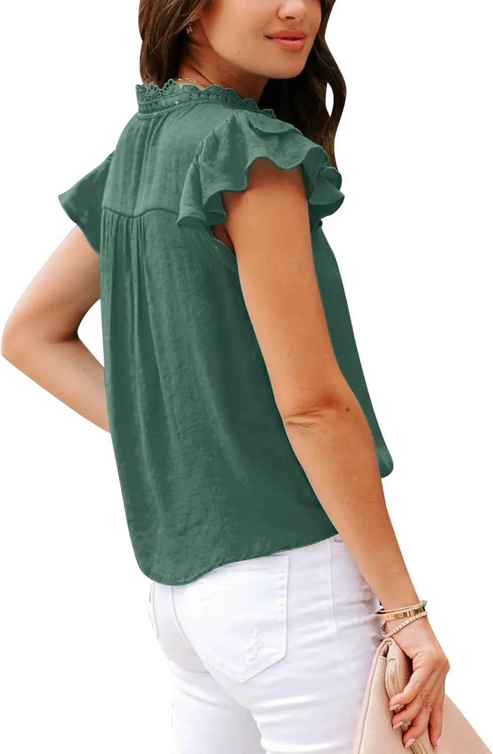 Orchidays Women's V Neck Lace Crochet Shirts Short Sleeve Button Down Casual Solid Blouse Tops