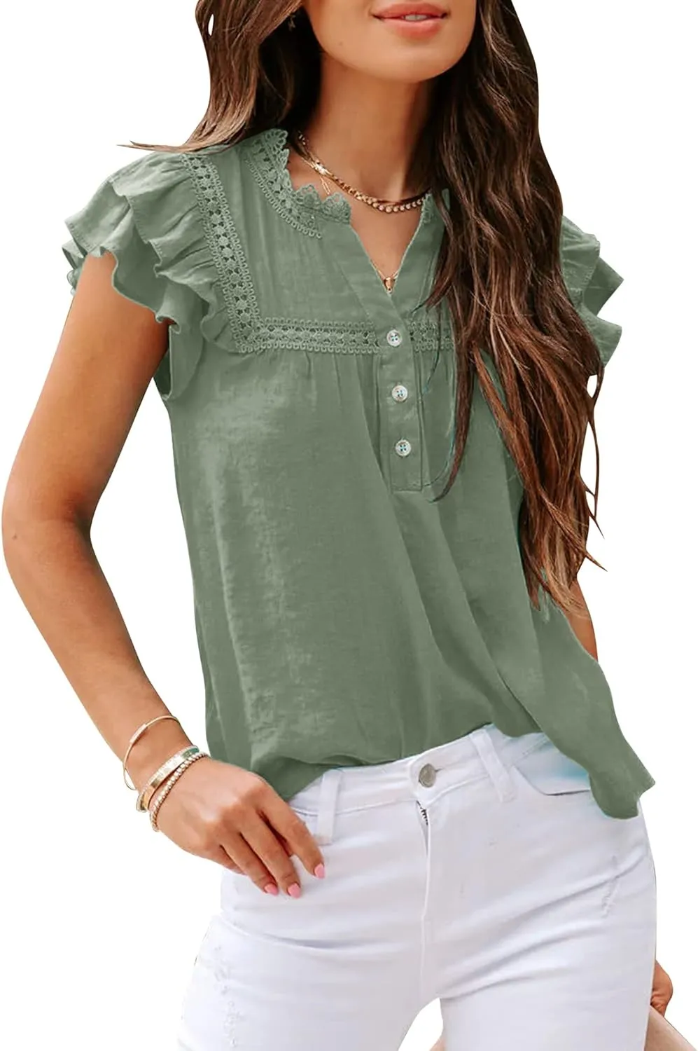 Orchidays Women's V Neck Lace Crochet Shirts Short Sleeve Button Down Casual Solid Blouse Tops