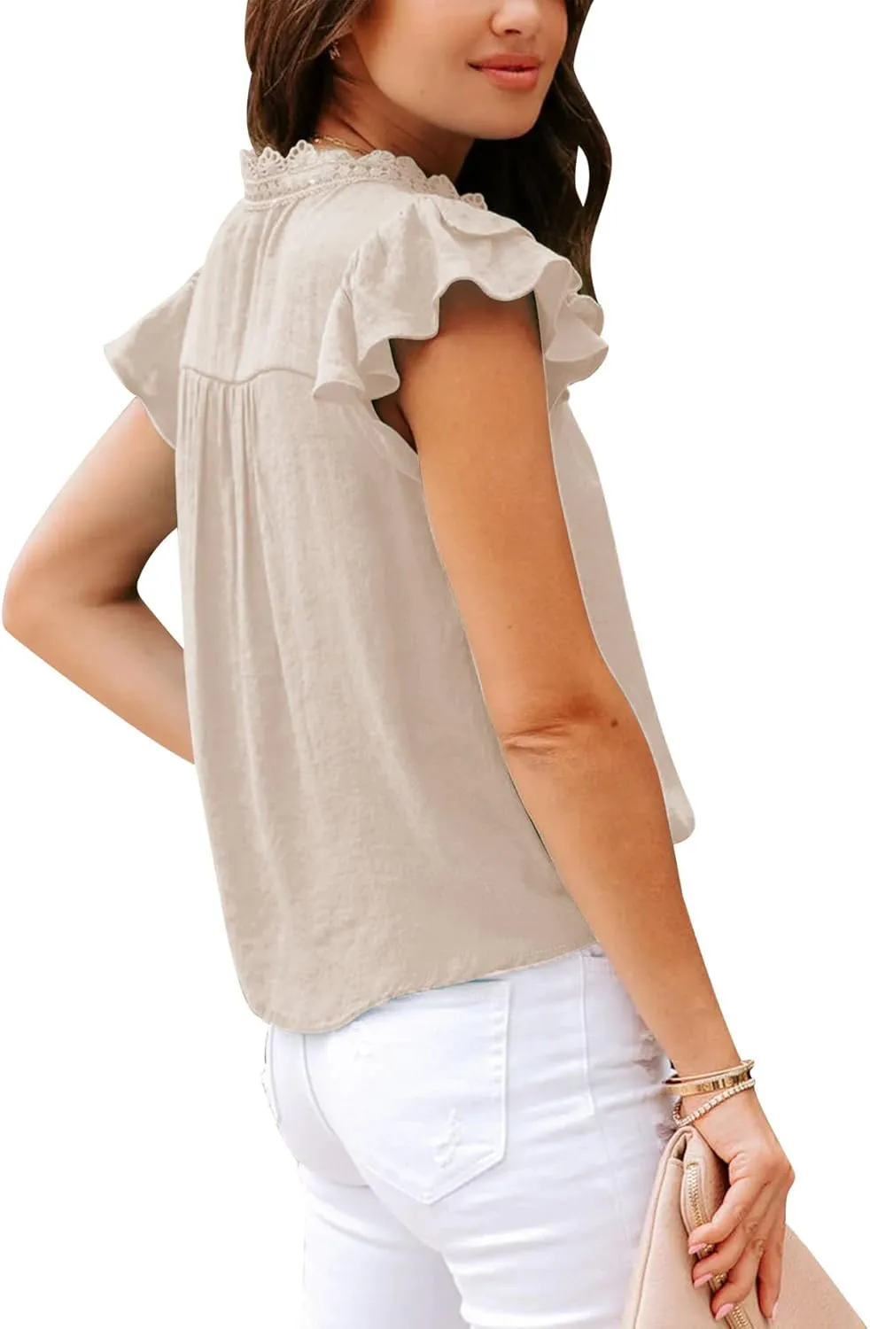 Orchidays Women's V Neck Lace Crochet Shirts Short Sleeve Button Down Casual Solid Blouse Tops