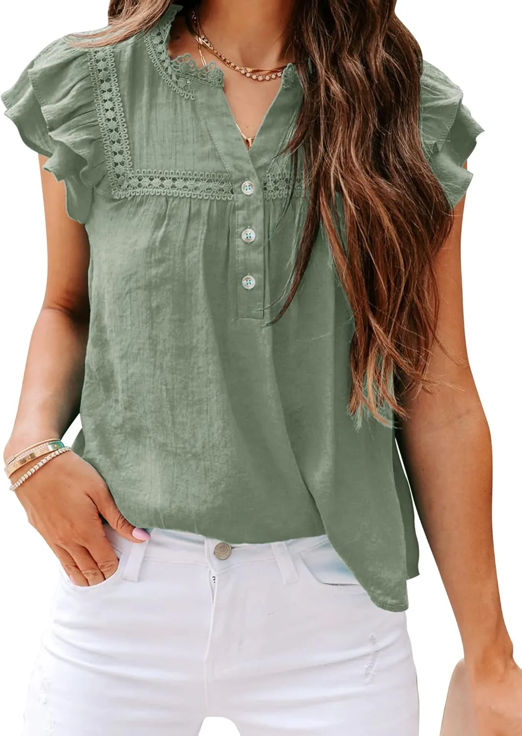Orchidays Women's V Neck Lace Crochet Shirts Short Sleeve Button Down Casual Solid Blouse Tops