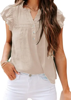 Orchidays Women's V Neck Lace Crochet Shirts Short Sleeve Button Down Casual Solid Blouse Tops