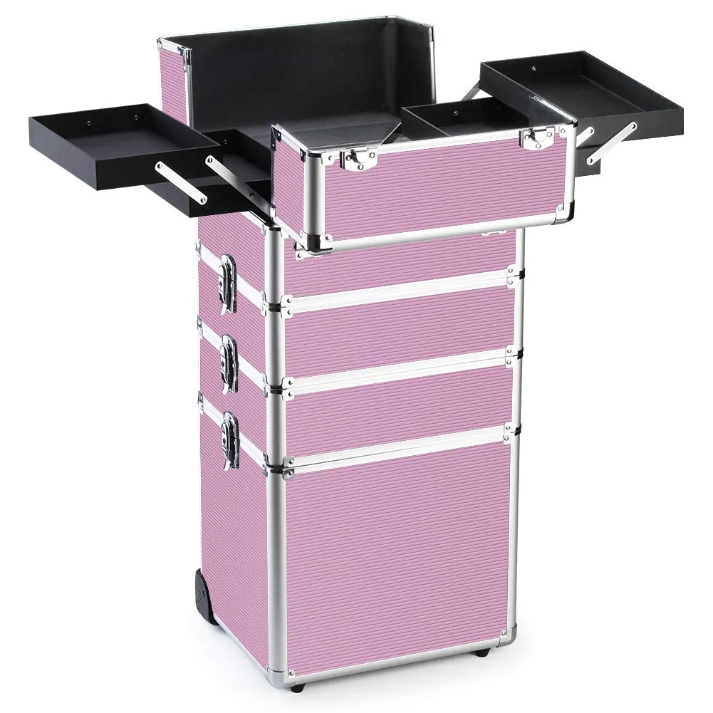 OUDMAY Makeup Train Case 4 in 1 Professional Cosmetics Rolling Organizer Aluminum Frame and Folding Trays Pink