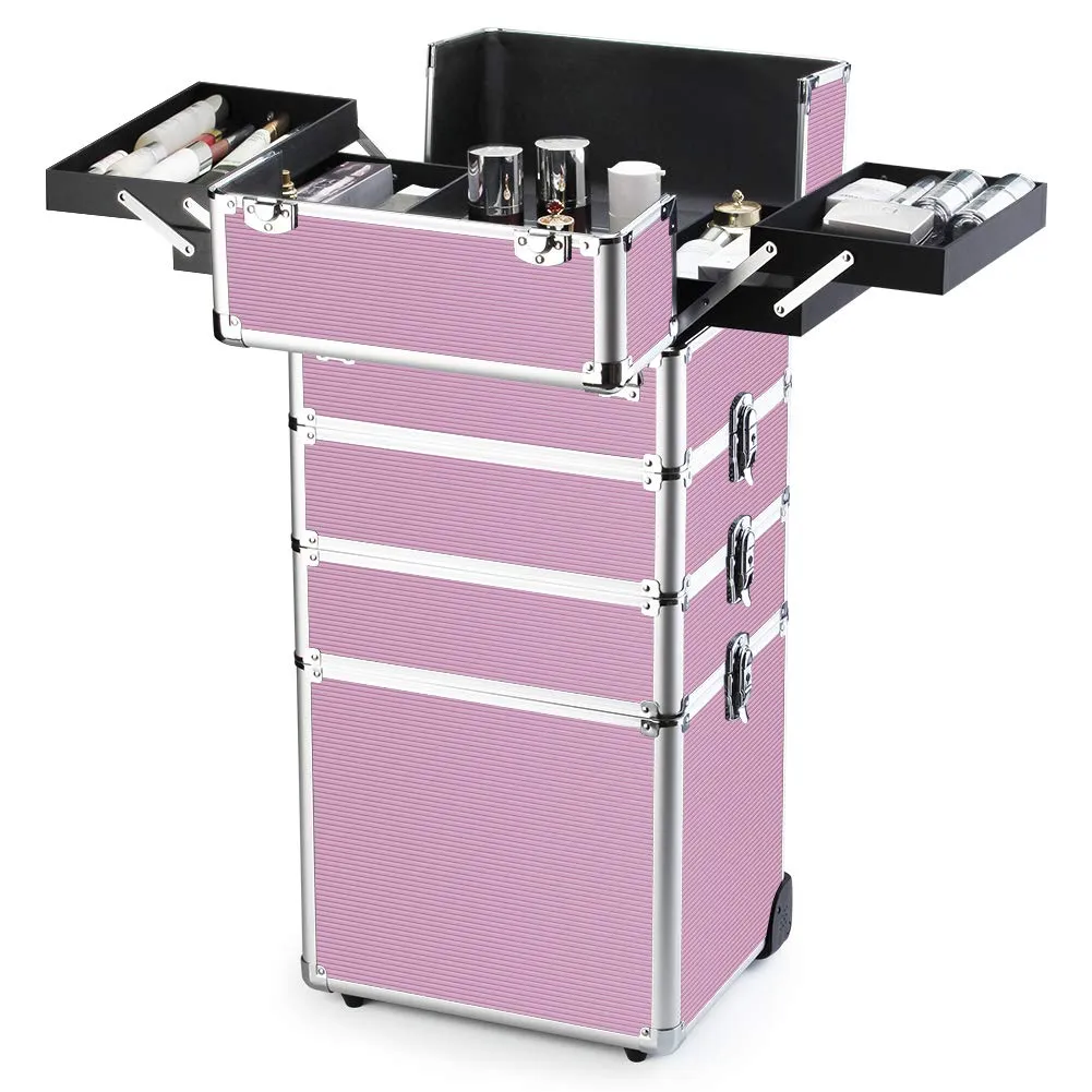 OUDMAY Makeup Train Case 4 in 1 Professional Cosmetics Rolling Organizer Aluminum Frame and Folding Trays Pink