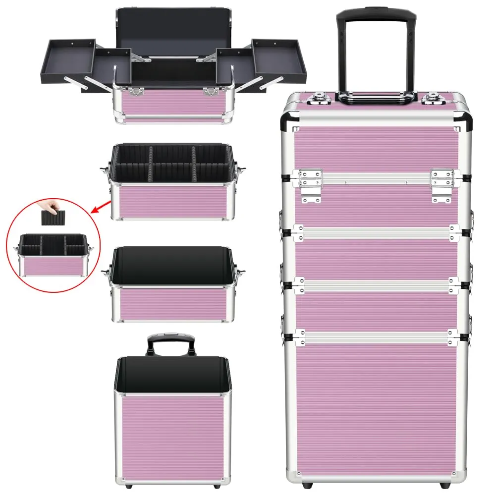 OUDMAY Makeup Train Case 4 in 1 Professional Cosmetics Rolling Organizer Aluminum Frame and Folding Trays Pink
