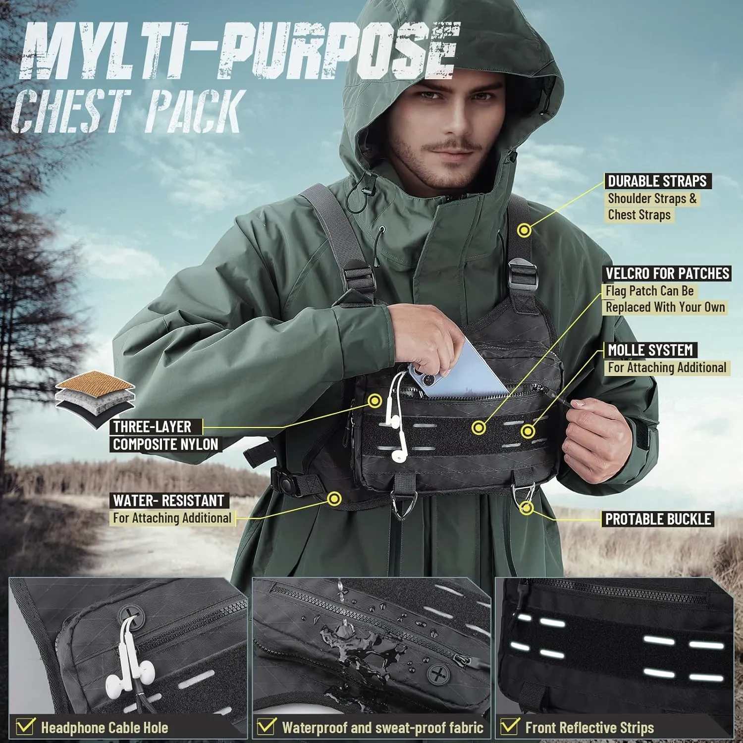Outdoor Sport Chest Rig for Men, Running Vest Bag with Pack Holster (Black)
