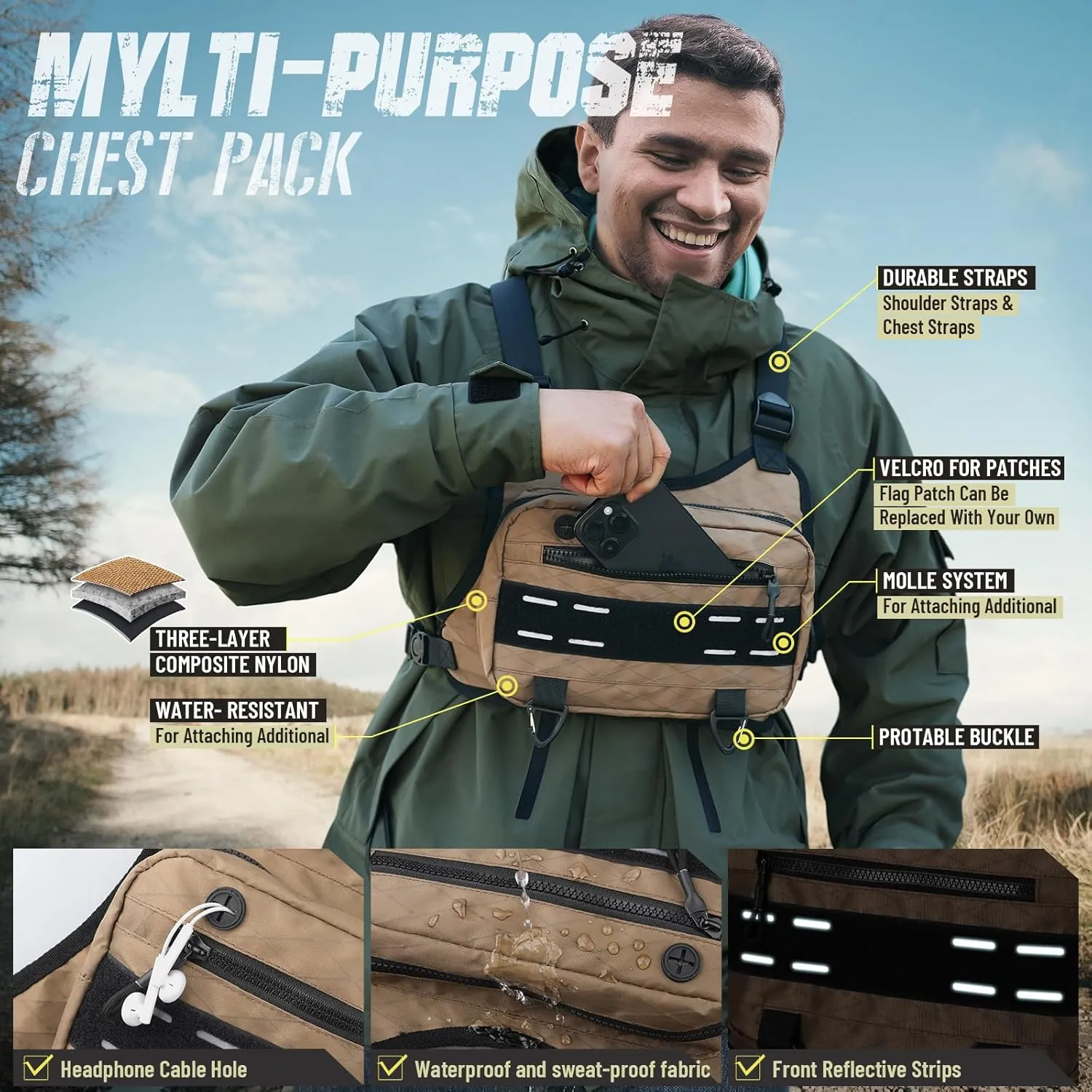 Outdoor Sport Chest Rig for Men, Running Vest Bag with Pack Holster (Brown)