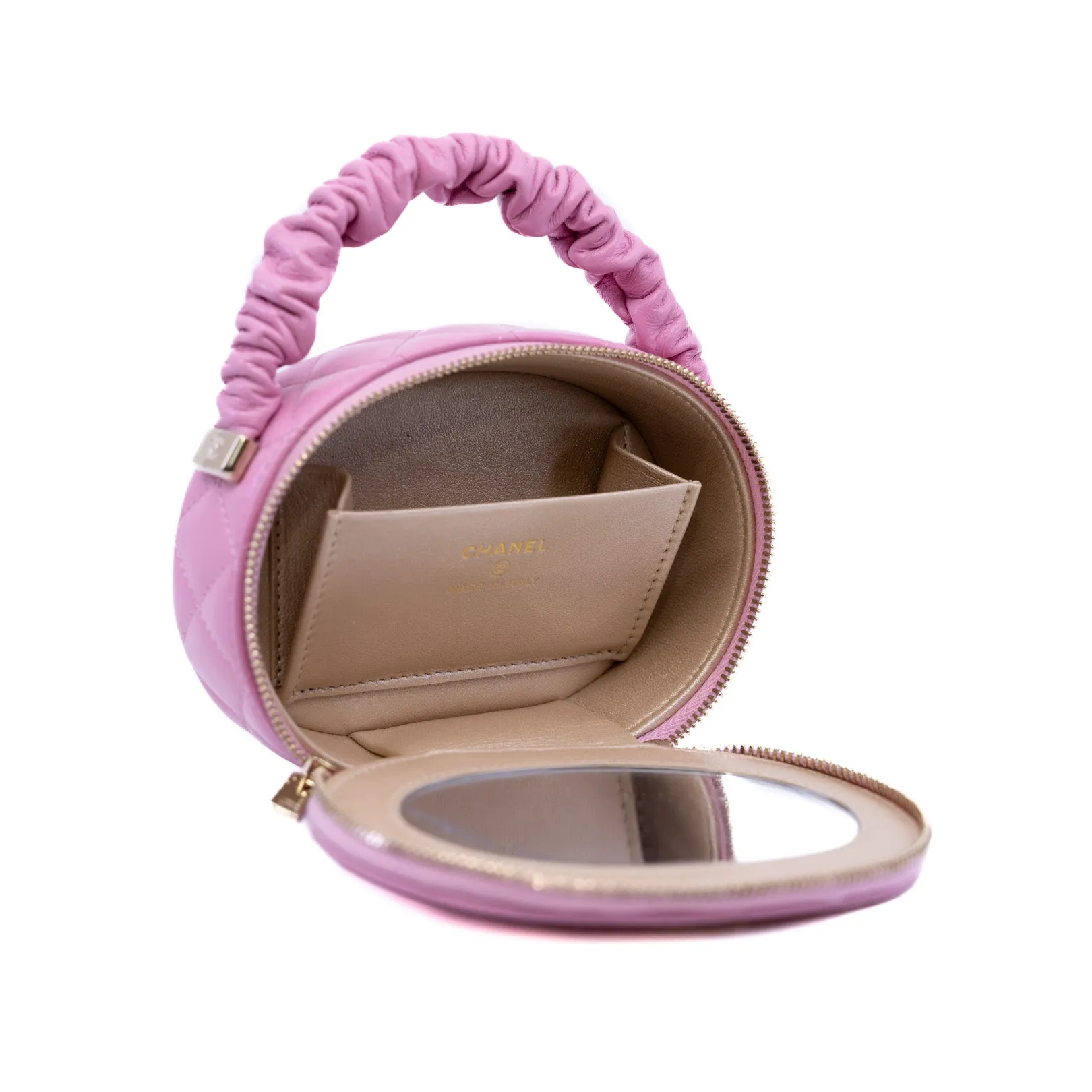 oval top handle vanity case in leather pink ghw  seri 32