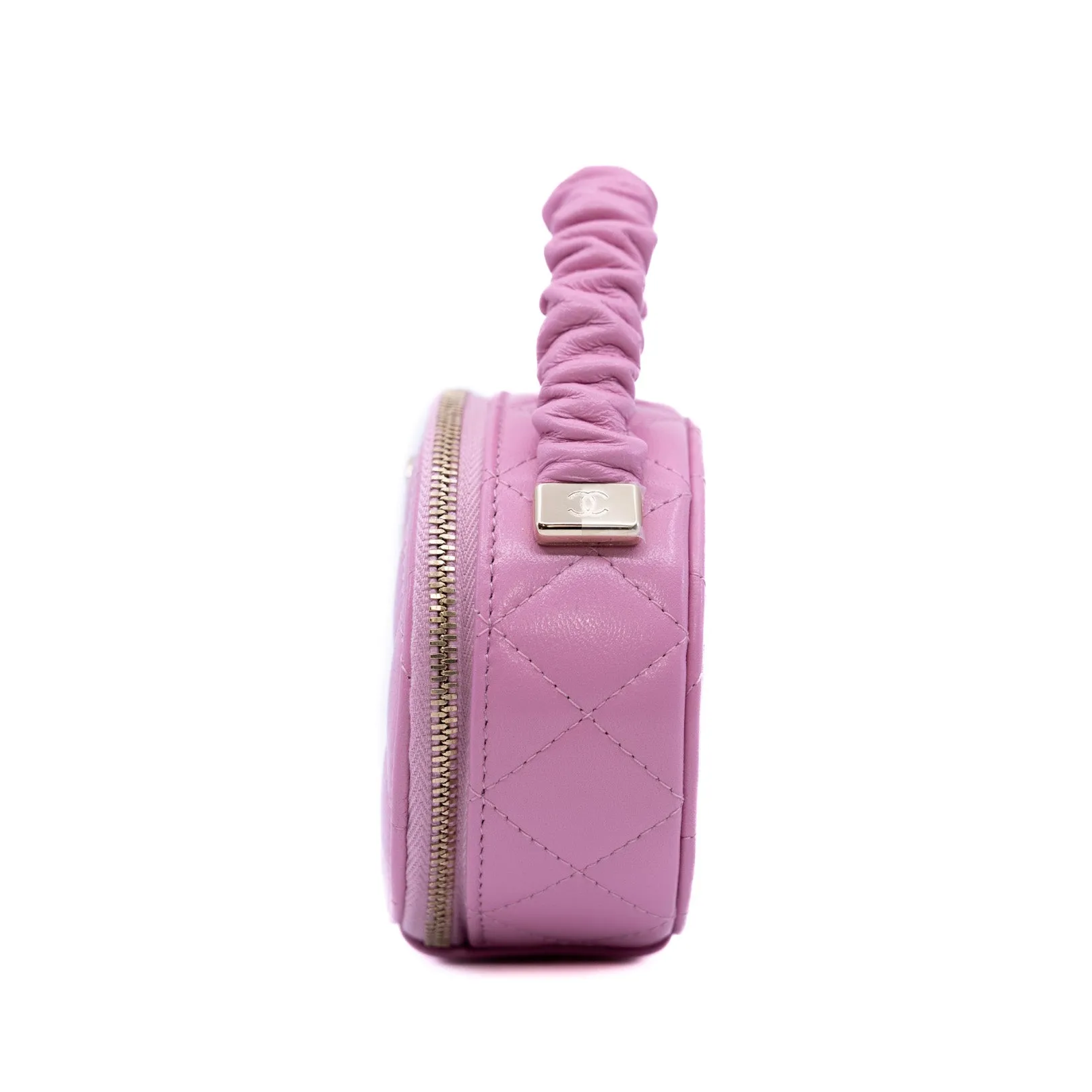 oval top handle vanity case in leather pink ghw  seri 32