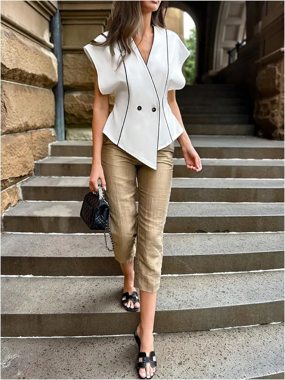 OYOANGLE Women's V Neck Button Asymmetrical Blouse Top Contrast Binding Elegant Work Shirts