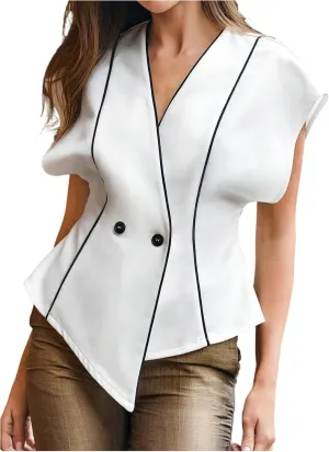 OYOANGLE Women's V Neck Button Asymmetrical Blouse Top Contrast Binding Elegant Work Shirts