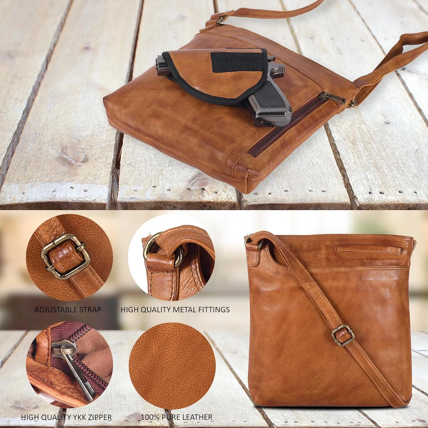 Ozora Multi Pockets Handmade Leather Crossbody Handbags & Sling Bag for Men & Women with Detachable Holster