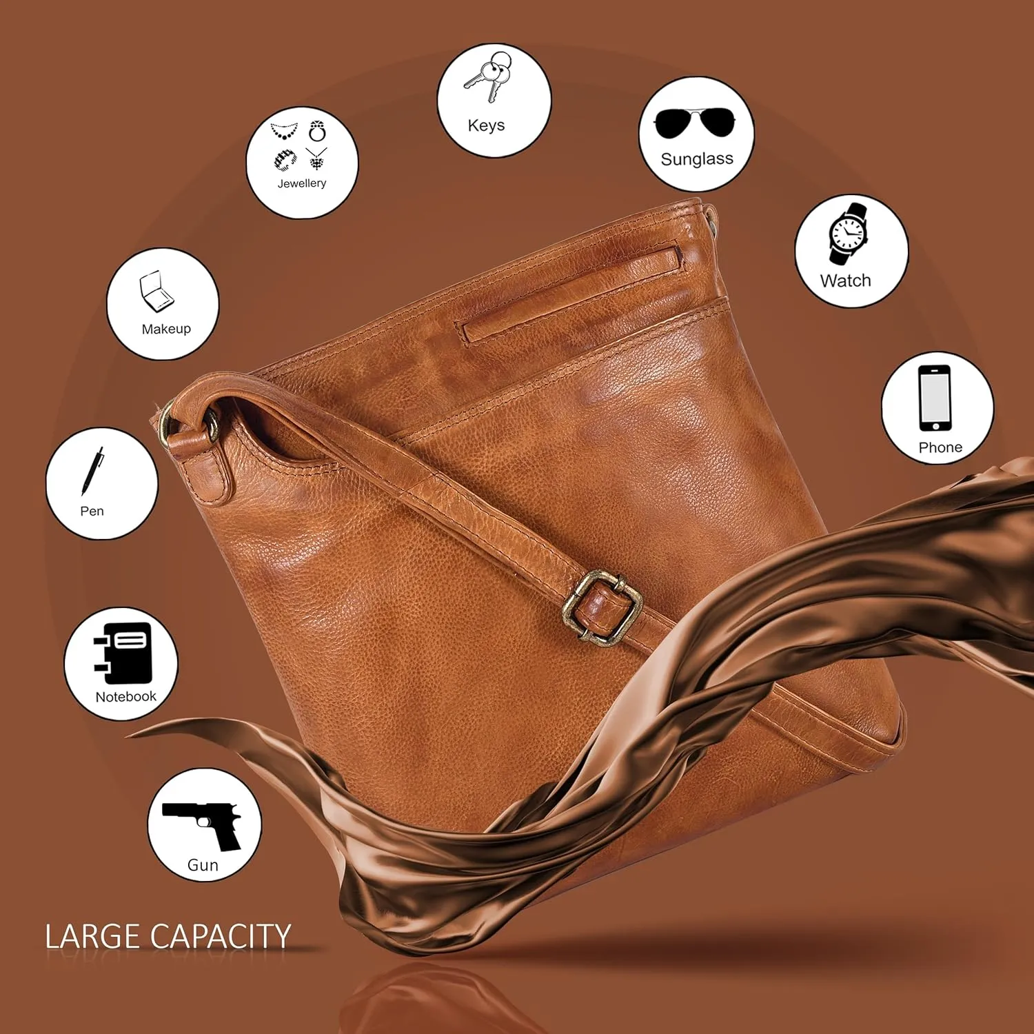 Ozora Multi Pockets Handmade Leather Crossbody Handbags & Sling Bag for Men & Women with Detachable Holster