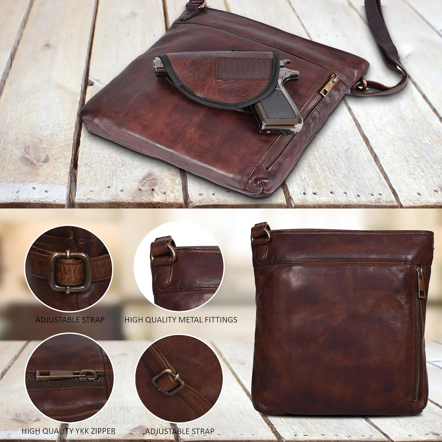 Ozora Multi Pockets Handmade Leather Crossbody Handbags & Sling Bag for Men & Women with Detachable Holster