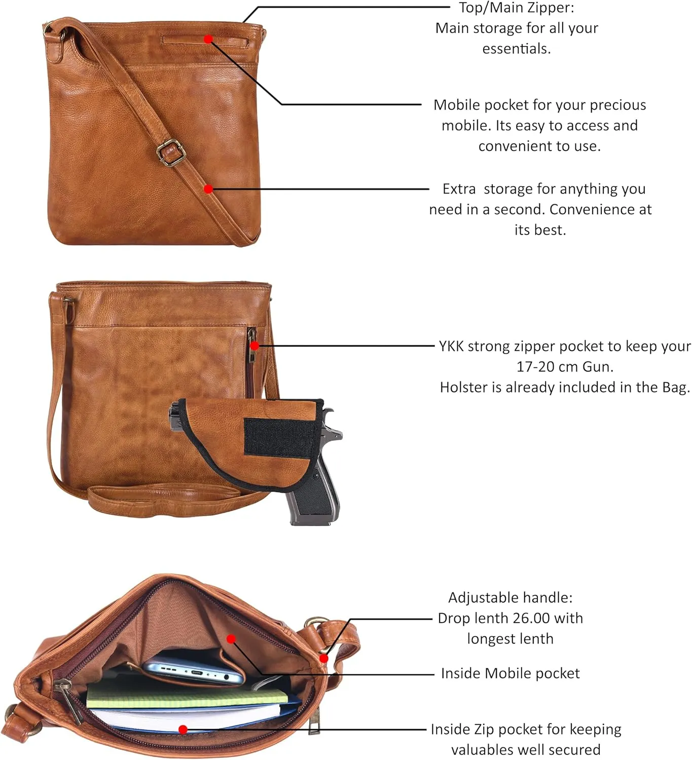 Ozora Multi Pockets Handmade Leather Crossbody Handbags & Sling Bag for Men & Women with Detachable Holster