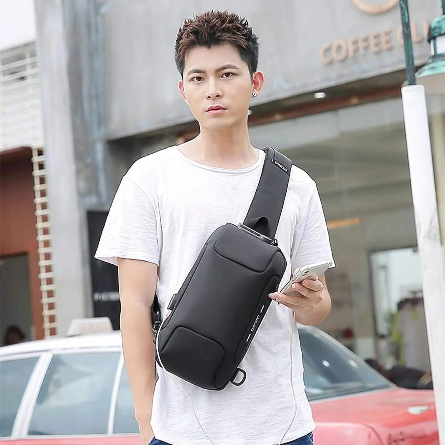 OZUKO sling bag for men anti theft backpacks with usb charger Travel Hiking Chest Bag Daypack water proof (Dark Gray)