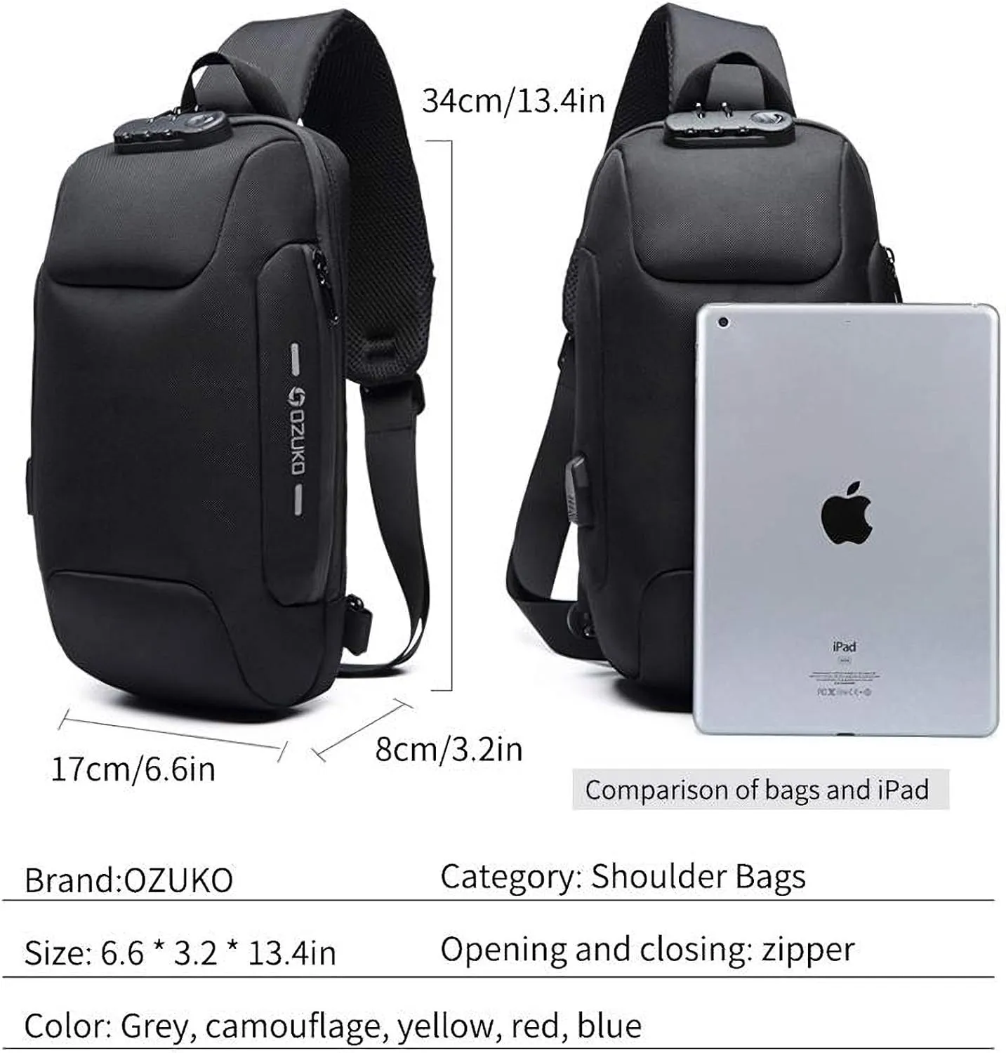 OZUKO sling bag for men anti theft backpacks with usb charger Travel Hiking Chest Bag Daypack water proof (Dark Gray)