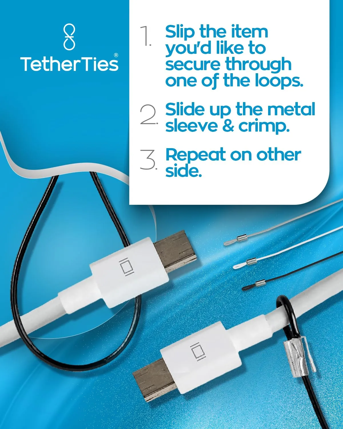 Patented Pre-Assembled Adapter Ties - Anti-Theft Cable Locks for Tools, Dongles, Tethers, Computer adapters. Steel Cable, Security Lock, Easy Installation with Free Crimping Tool