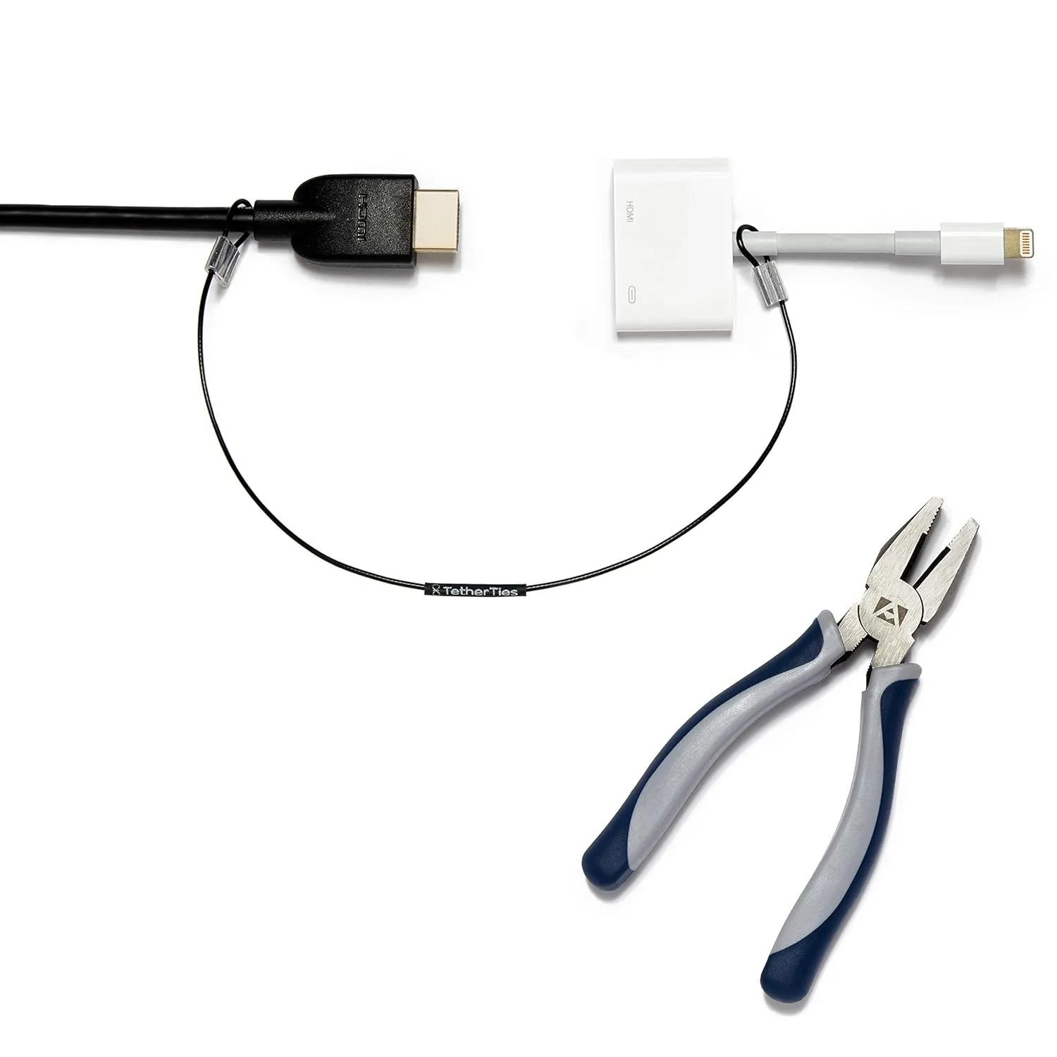 Patented Pre-Assembled Adapter Ties - Anti-Theft Cable Locks for Tools, Dongles, Tethers, Computer adapters. Steel Cable, Security Lock, Easy Installation with Free Crimping Tool