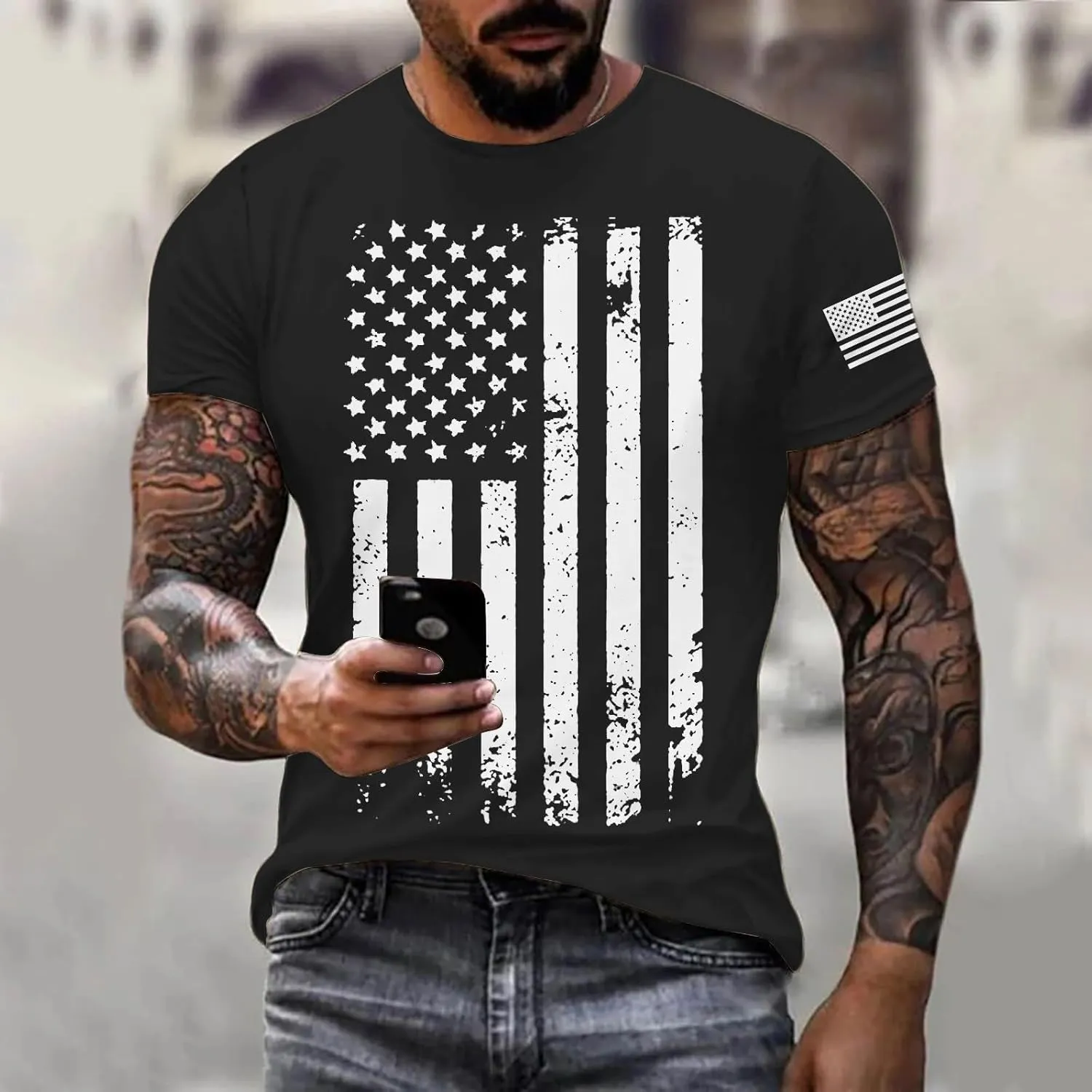 Patriotic Shirts for Men 2025 Short Sleeve Round Neck Flag Printed Gym Workout Tees 4Th of July Graphic Shirt