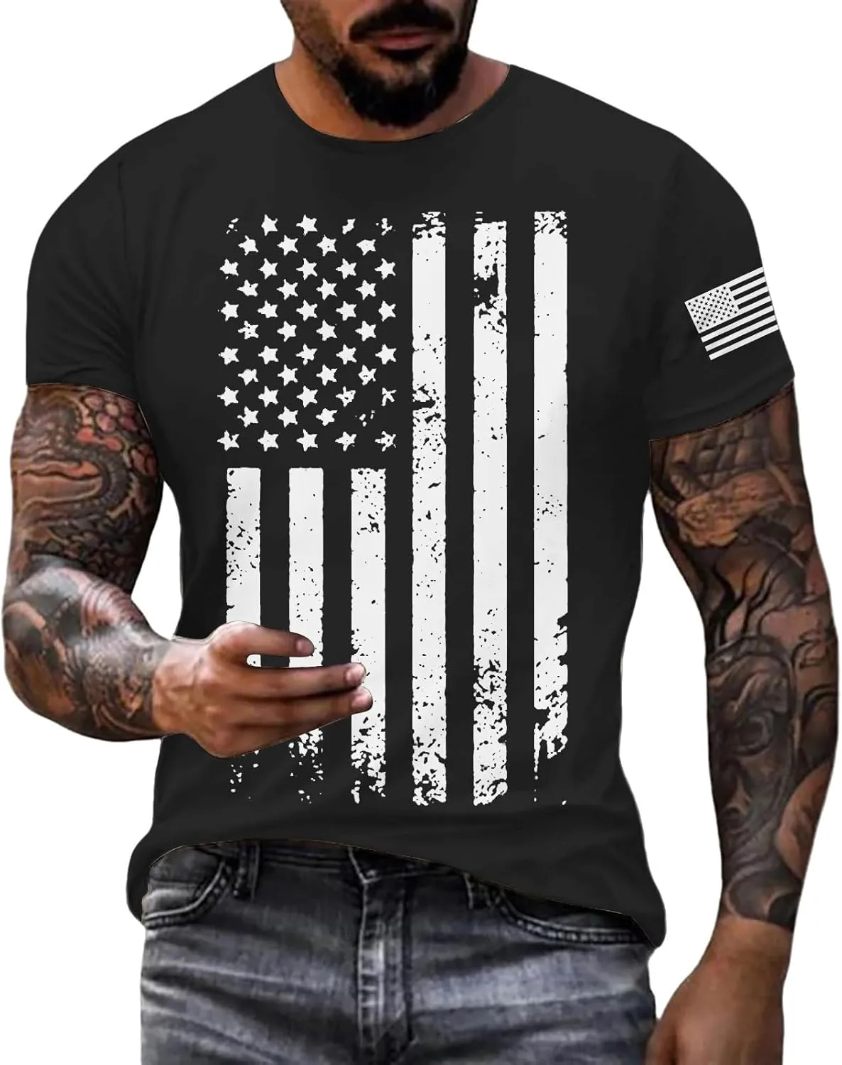 Patriotic Shirts for Men 2025 Short Sleeve Round Neck Flag Printed Gym Workout Tees 4Th of July Graphic Shirt